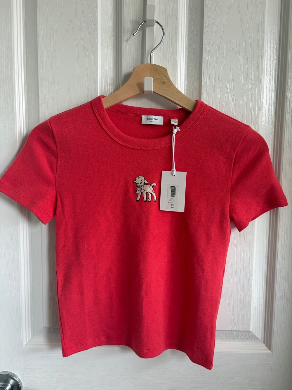 NWT Sunday Best Little Ribbed Tee - Cherry Red, Embroidered Bow Sheep - Size XS